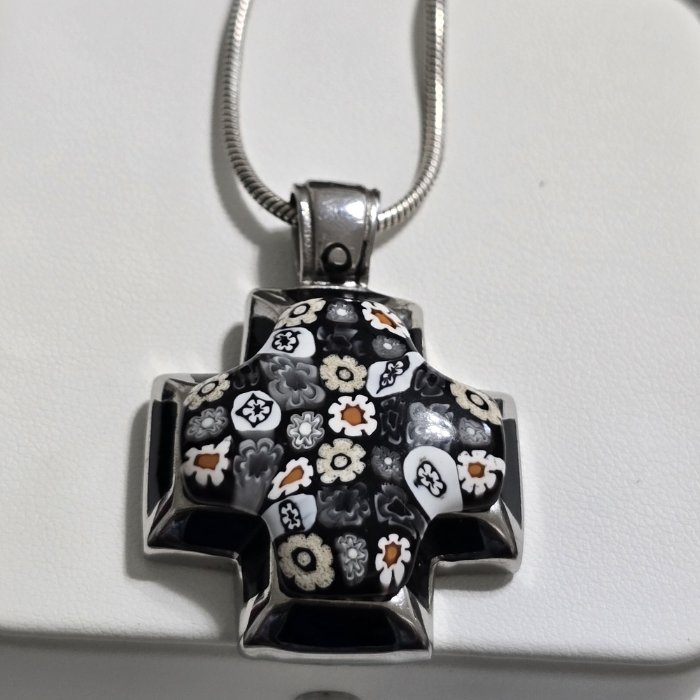 Black and White Floral Cross Pendant Sterling Silver Necklace